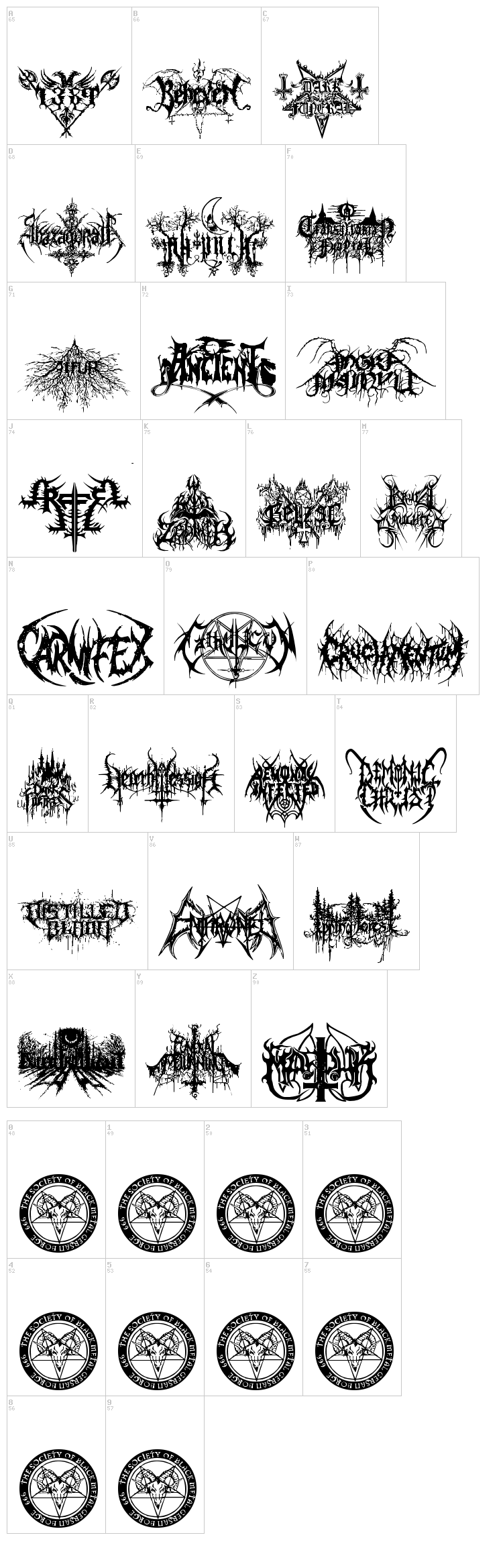 Black Metal G font map